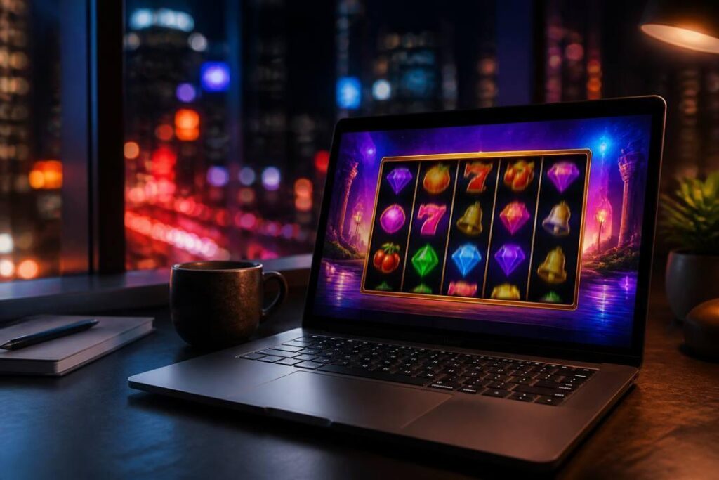 Signing up at a crypto casino - laptop, neon, slot session ready.